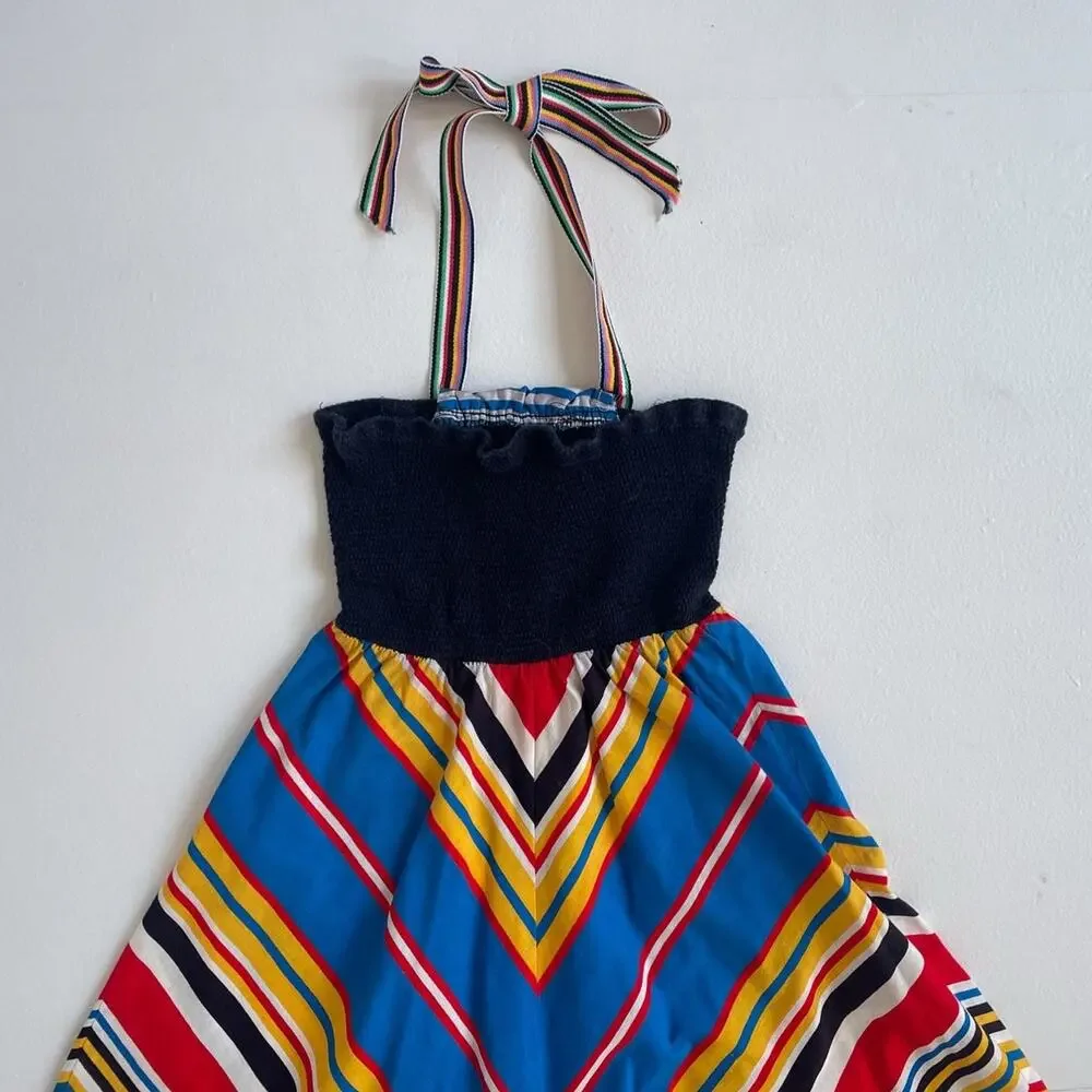 Vtg 70s Chevron Ruched Halter Sun Dress / XXS Women / Girls / Handmade Retro